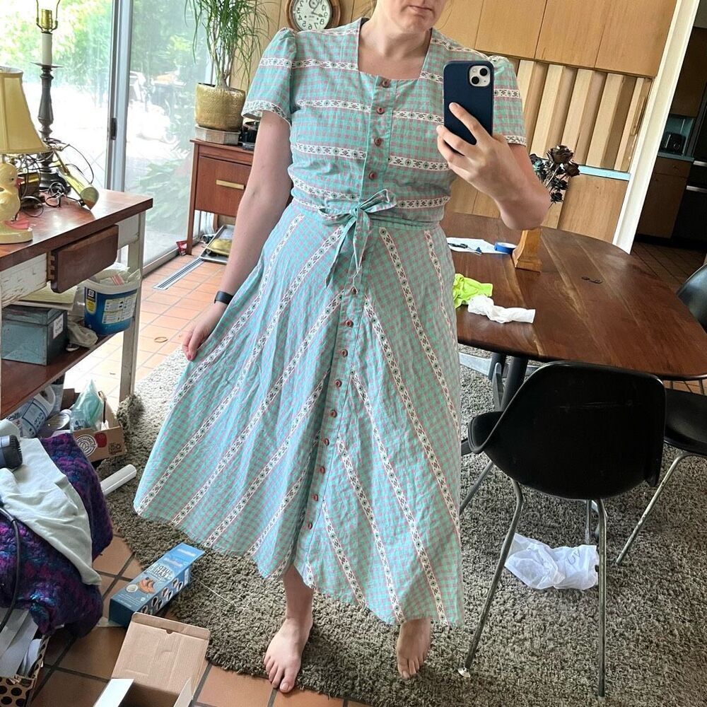 True Vintage Wayne Maid 1950s Gingham Shirtwaist Dress – Pink & Turquoise, M/L - Picture 13 of 14